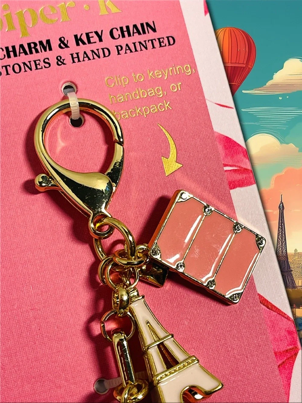 piper•k Pairs Travel Hot Air Balloon Keychain with Eiffel Tower, Bag Charm